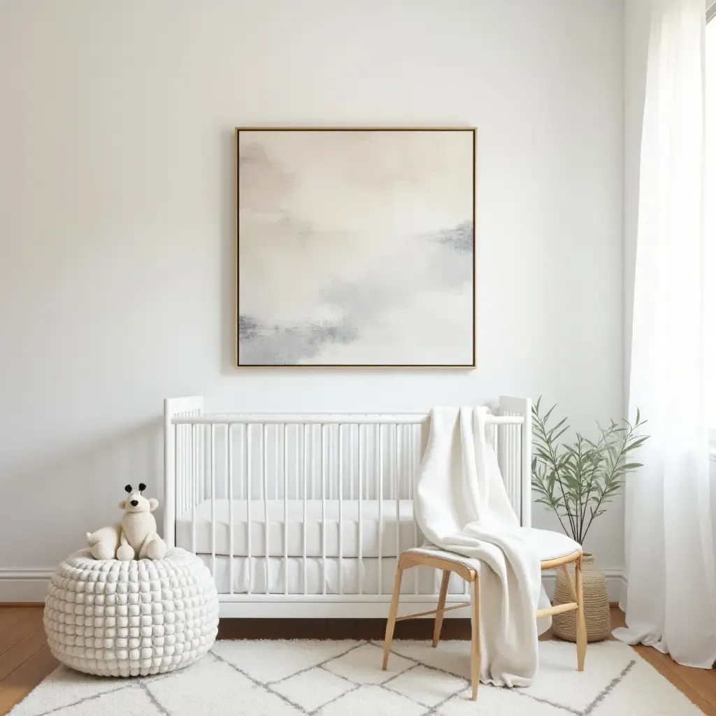 a photo of a stylish nursery incorporating metal frames and fabric art