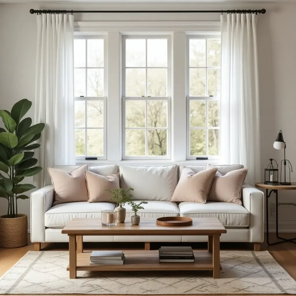 a photo of a cozy farmhouse living room with a rustic wooden coffee table