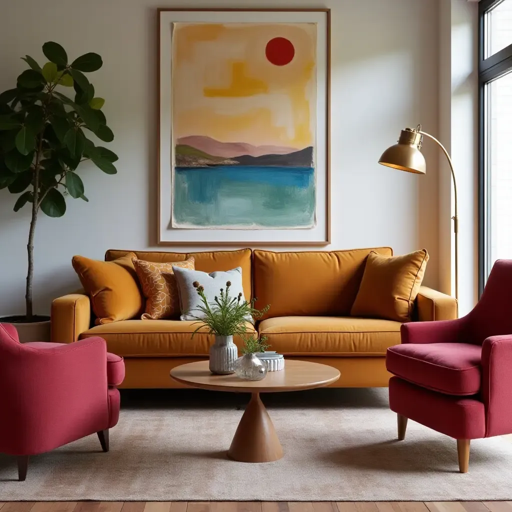 a photo of a cognac couch surrounded by colorful accent chairs