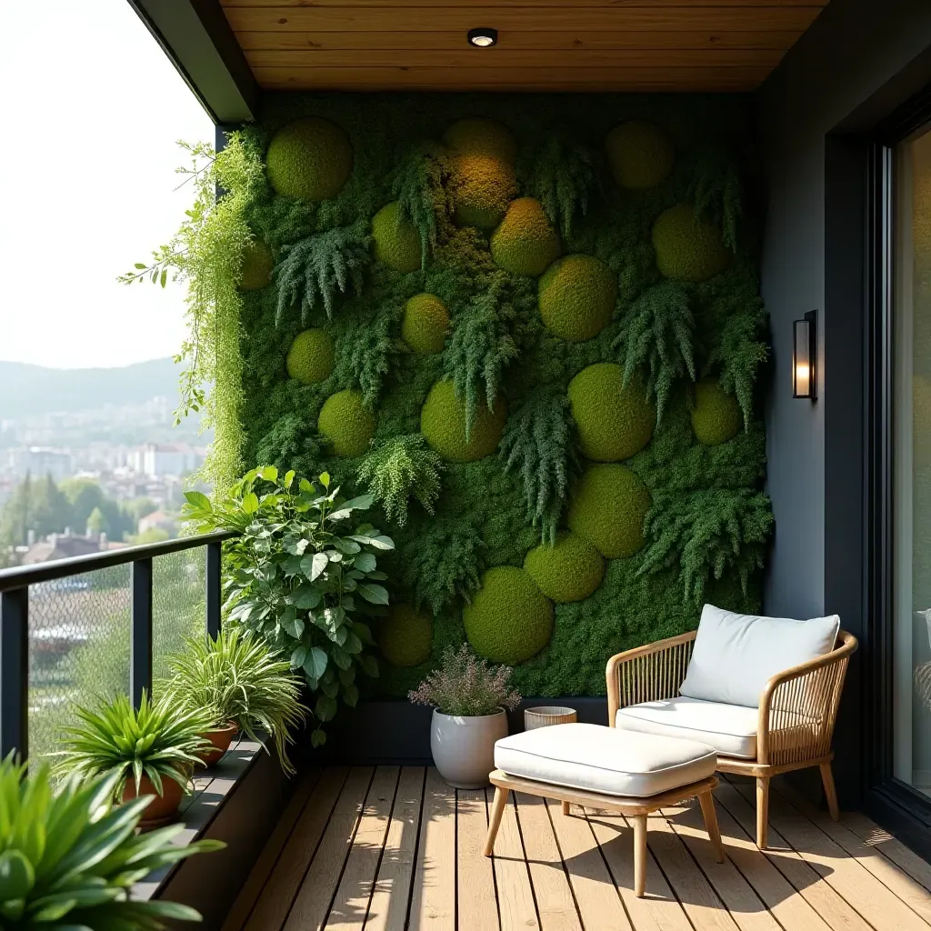 a photo of a balcony with a living wall made of moss and greenery