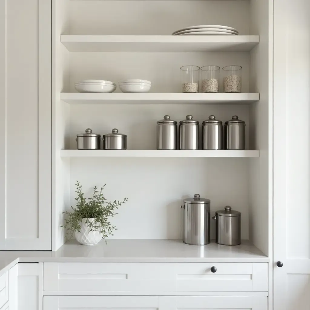 a photo of a minimalist pantry with sleek metal canisters and a clean layout