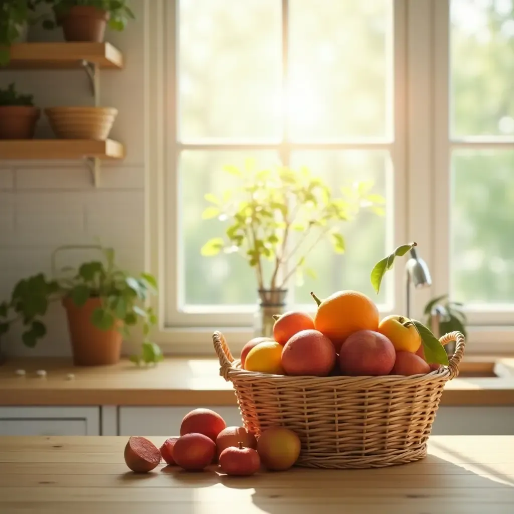 a photo of a sunny kitchen with a wicker basket of fruits