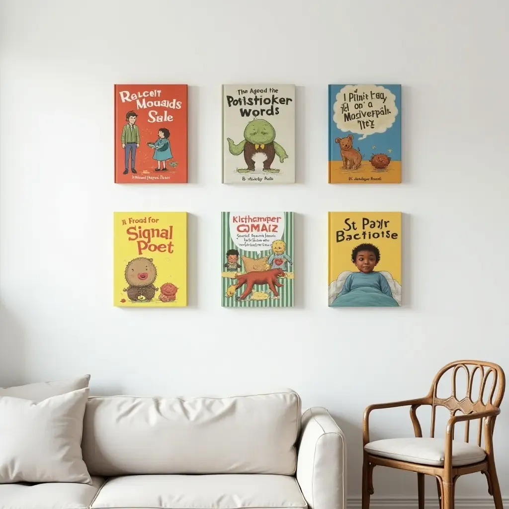 a photo of a gallery wall showcasing a collection of children&#x27;s books