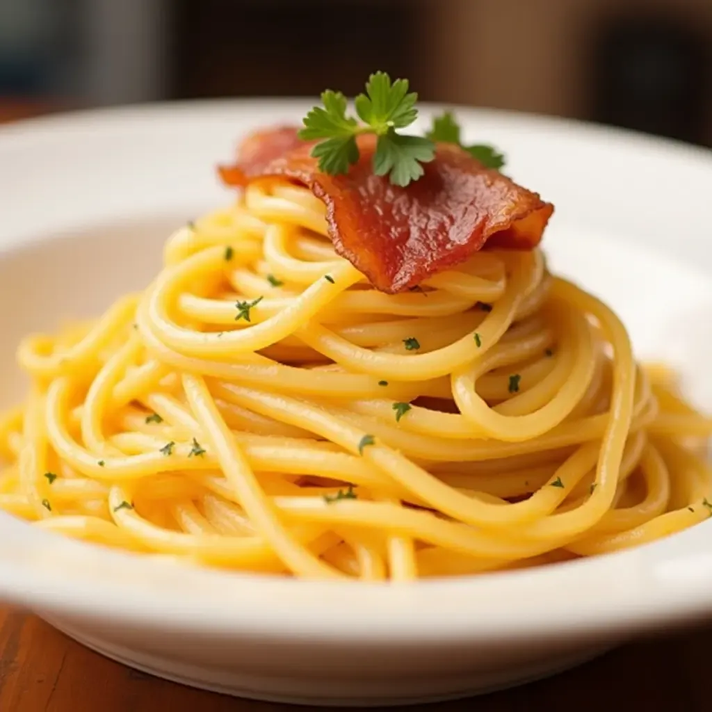 a photo of classic spaghetti carbonara with creamy sauce and crispy pancetta.