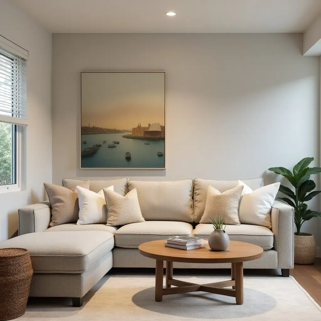 a photo of a family-friendly basement featuring soft throw pillows on a large sectional