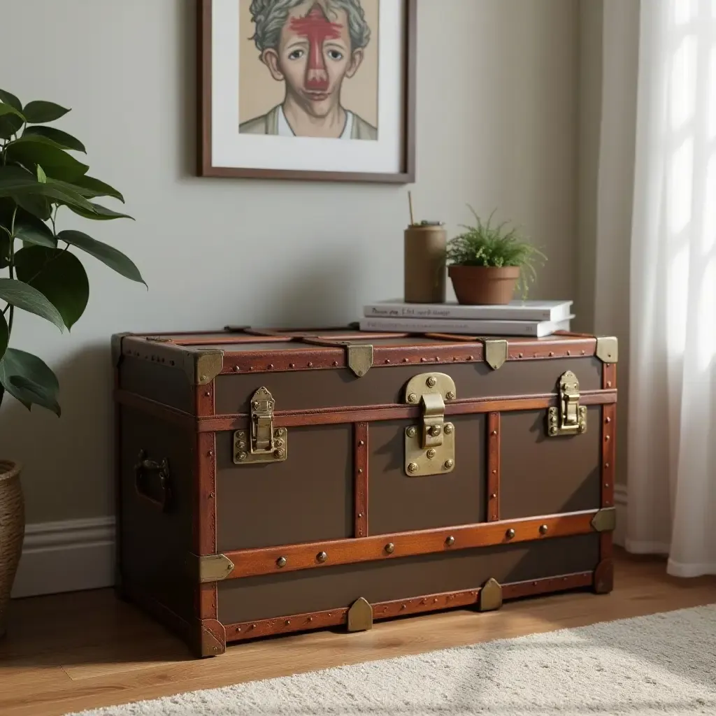 a photo of a classic trunk used for storage in a teen&#x27;s room