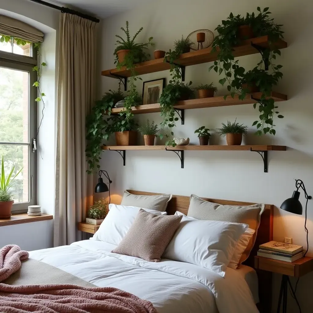 a photo of a bohemian bedroom adorned with trailing ivy on shelves