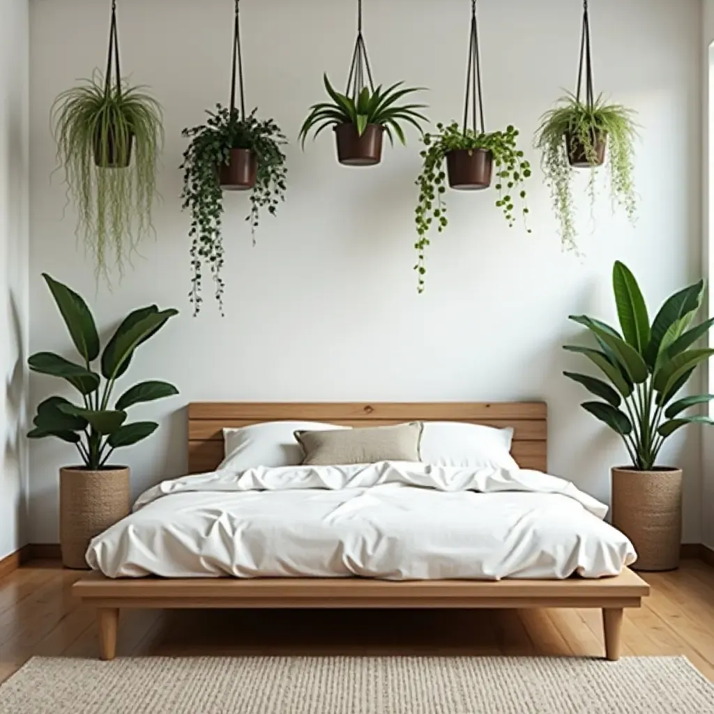 a photo of a tranquil space with hanging plants and a wooden bed frame