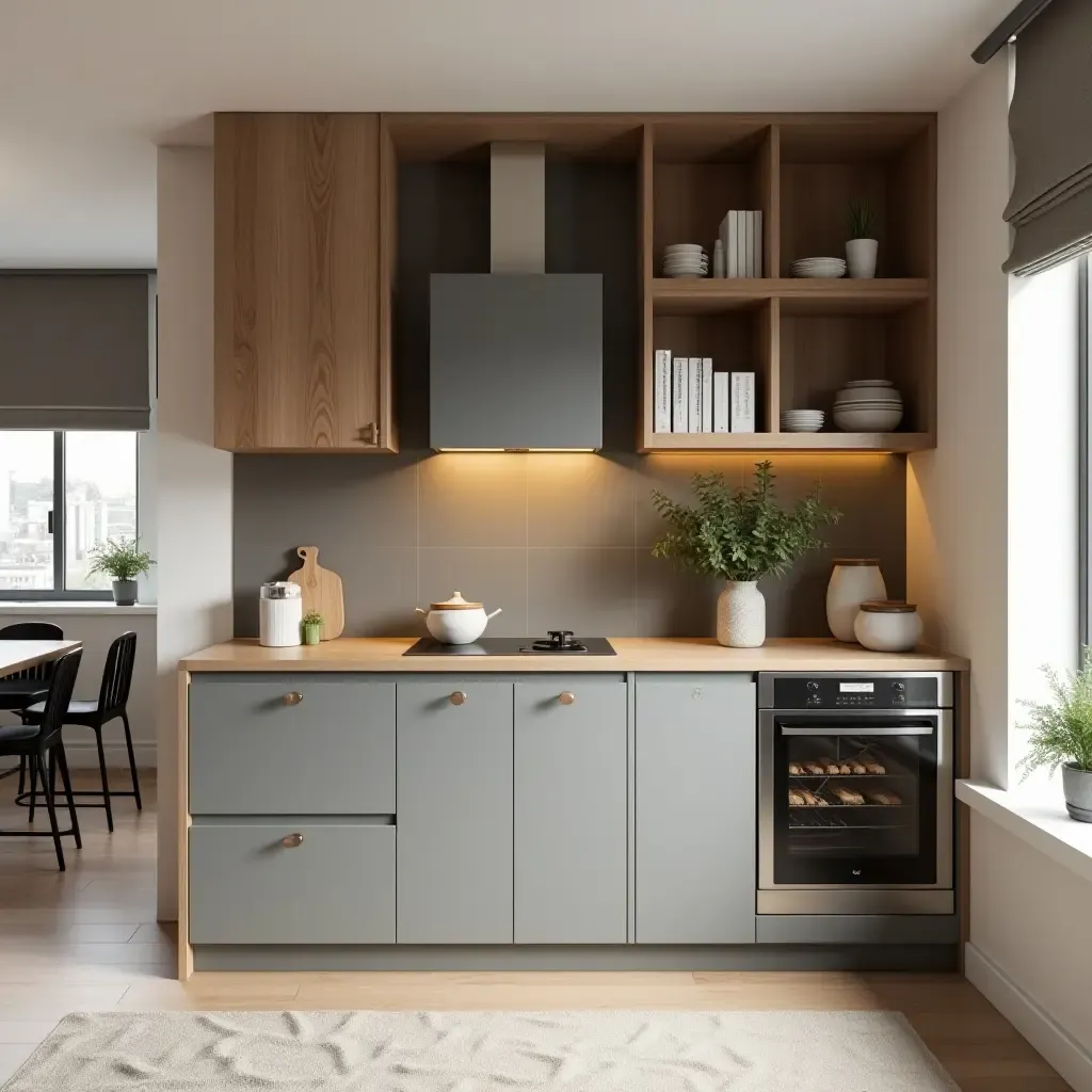 a photo of a compact urban kitchen with space-saving designs and stylish decor