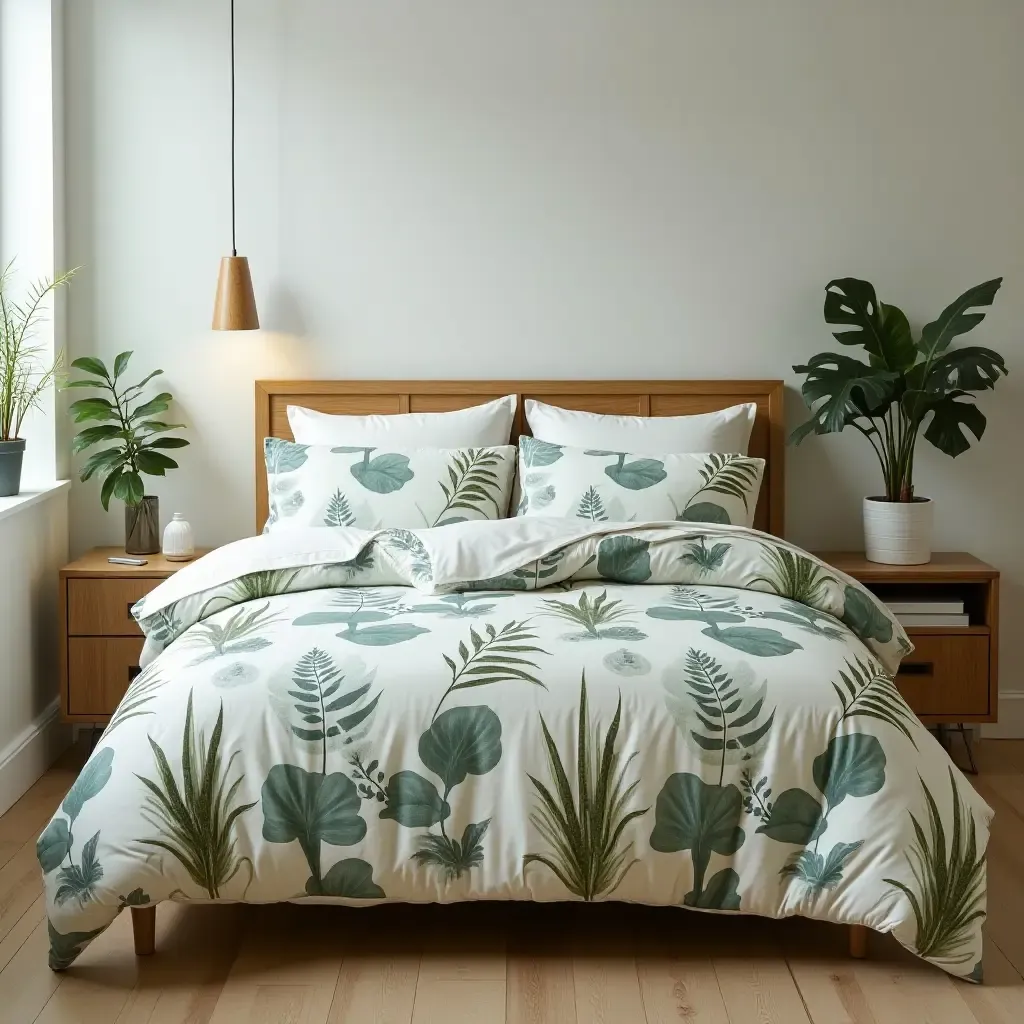 a photo of a plant-themed bedding set in a bedroom