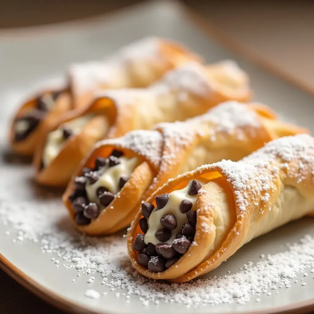 a photo of phyllo dough cannoli filled with ricotta and chocolate chips, dusted with sugar.