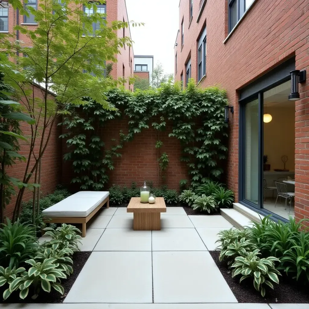 a photo of a small urban garden with a chic concrete patio