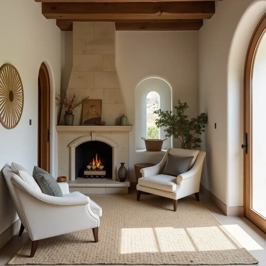 a photo of a cozy Mediterranean foyer with a stone fireplace and woven rugs