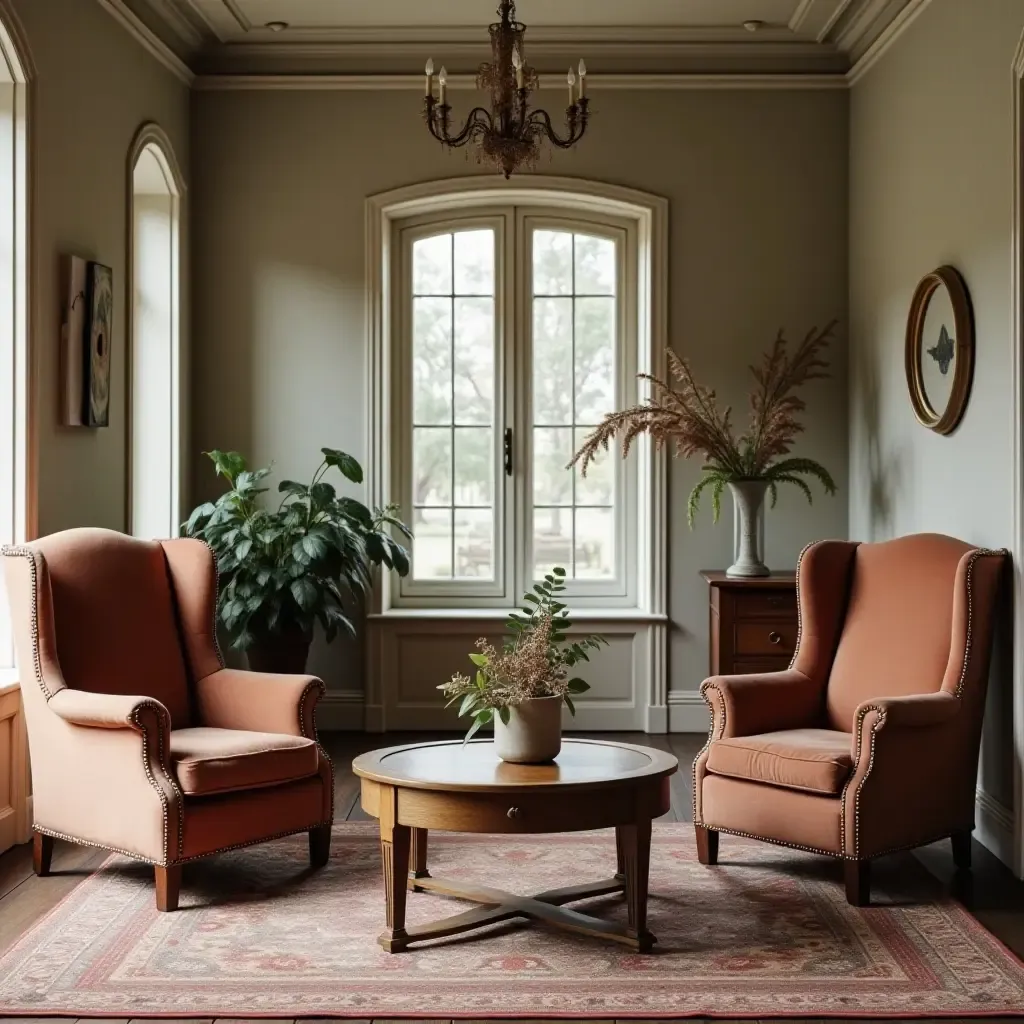 a photo of a vintage coffee table surrounded by cozy armchairs