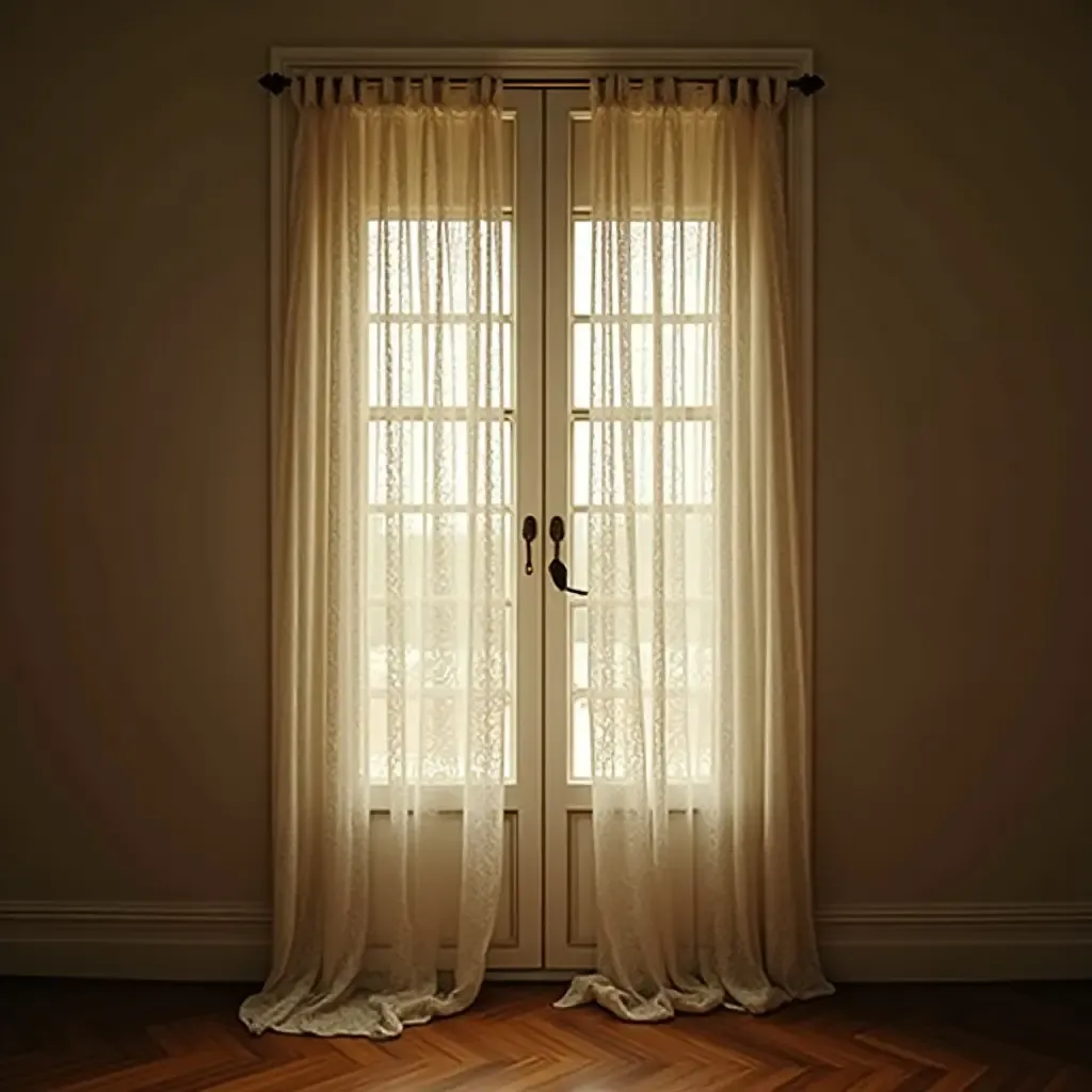 a photo of a vintage wardrobe with lace curtains and soft lighting