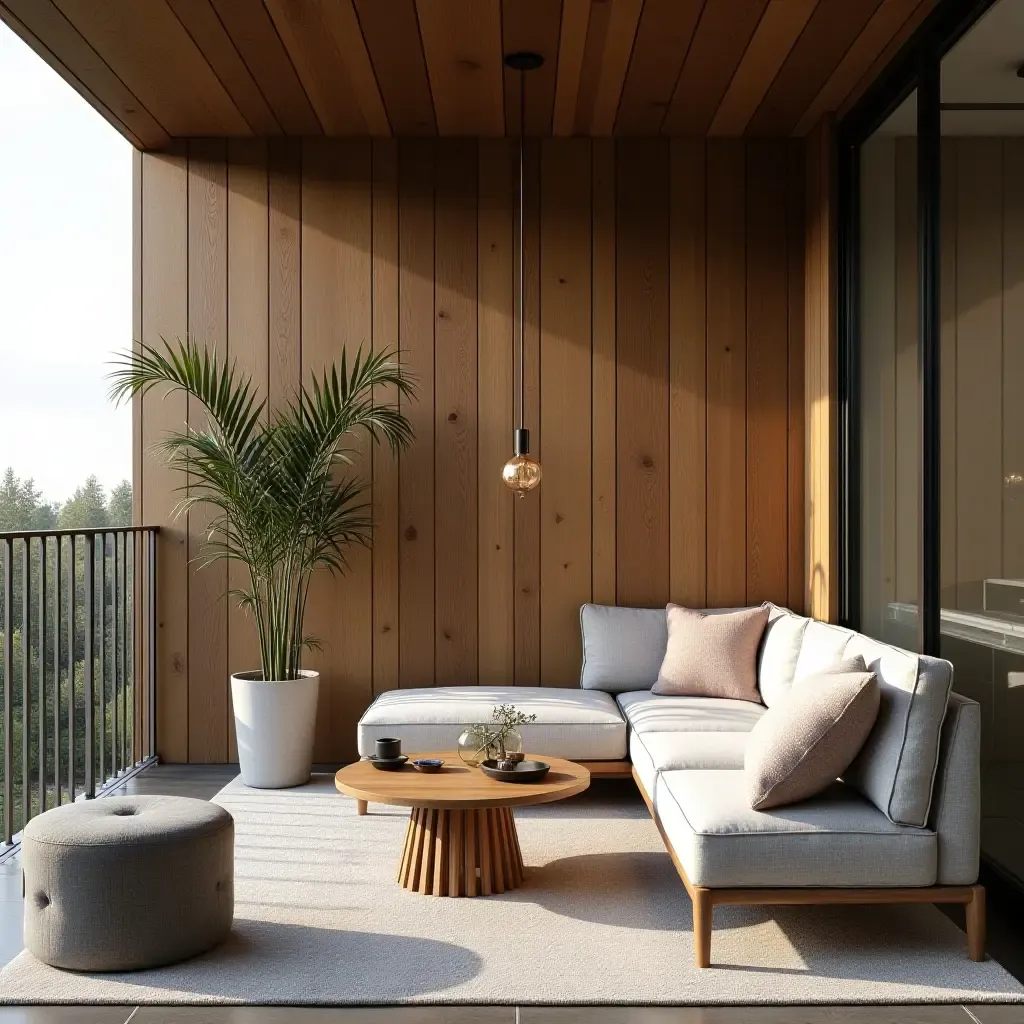 a photo of a balcony blending soft textiles, weathered wood, and polished metal finishes