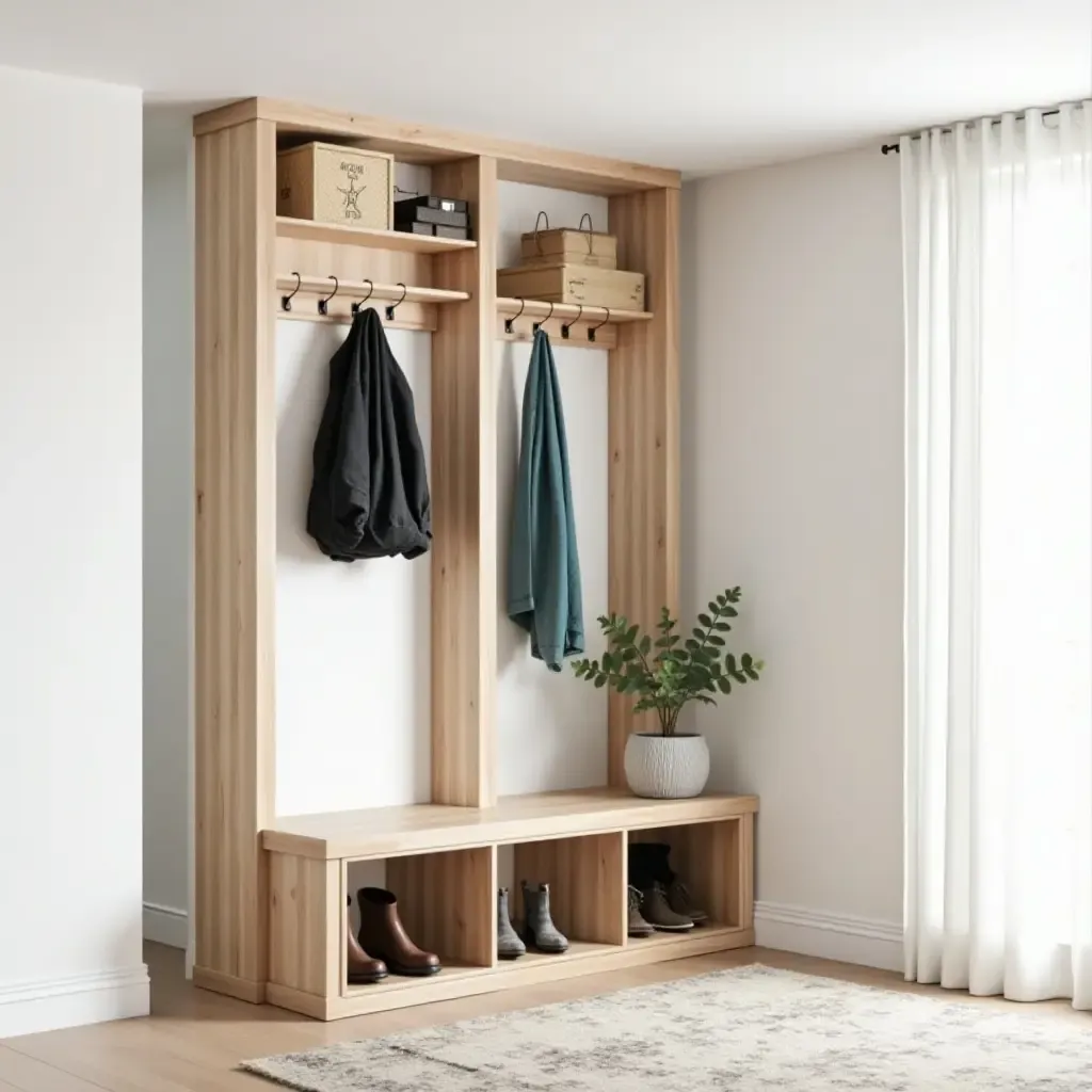 a photo of a basement entryway with DIY coat racks and shoe storage