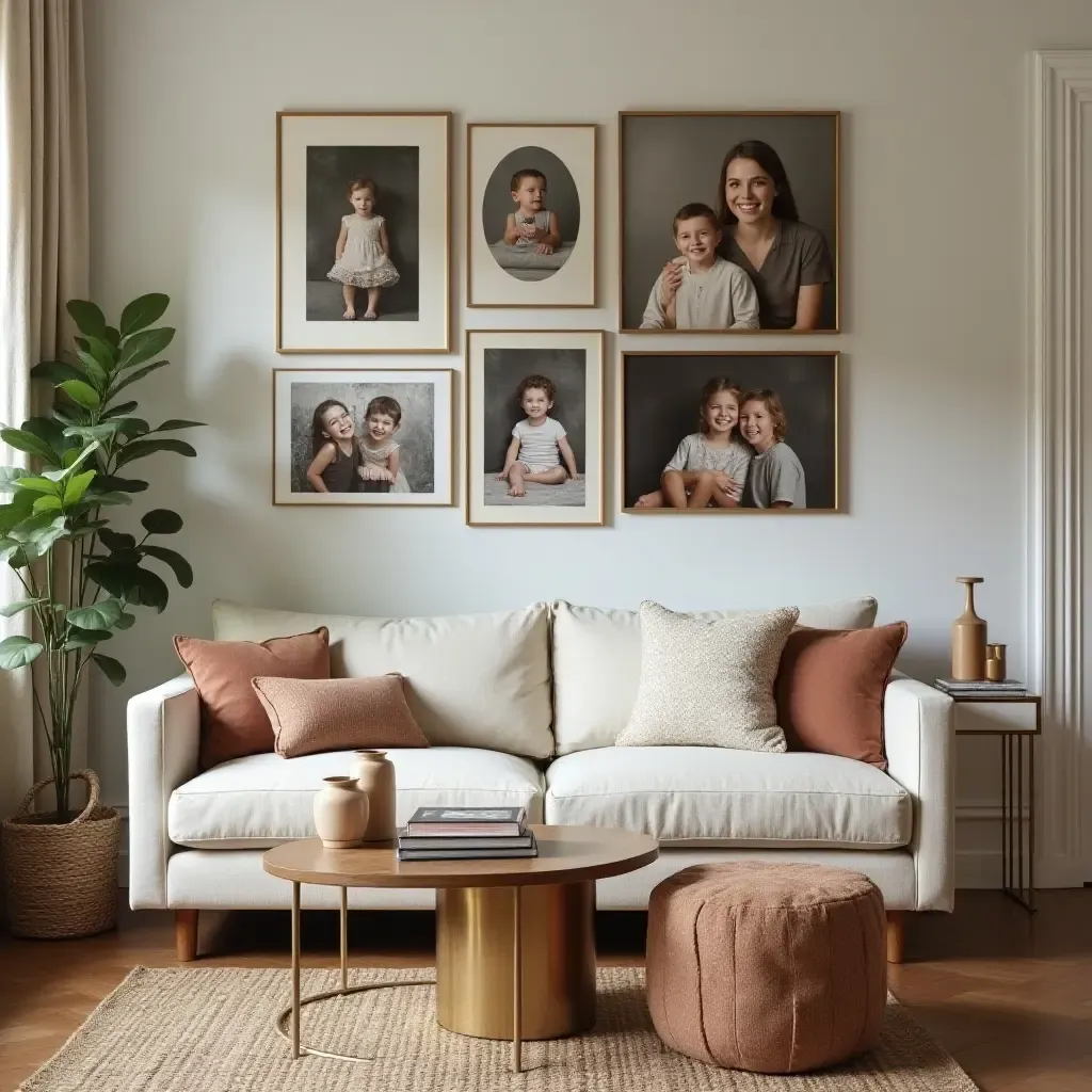 a photo of a cozy living room featuring a vintage gallery wall with family photos