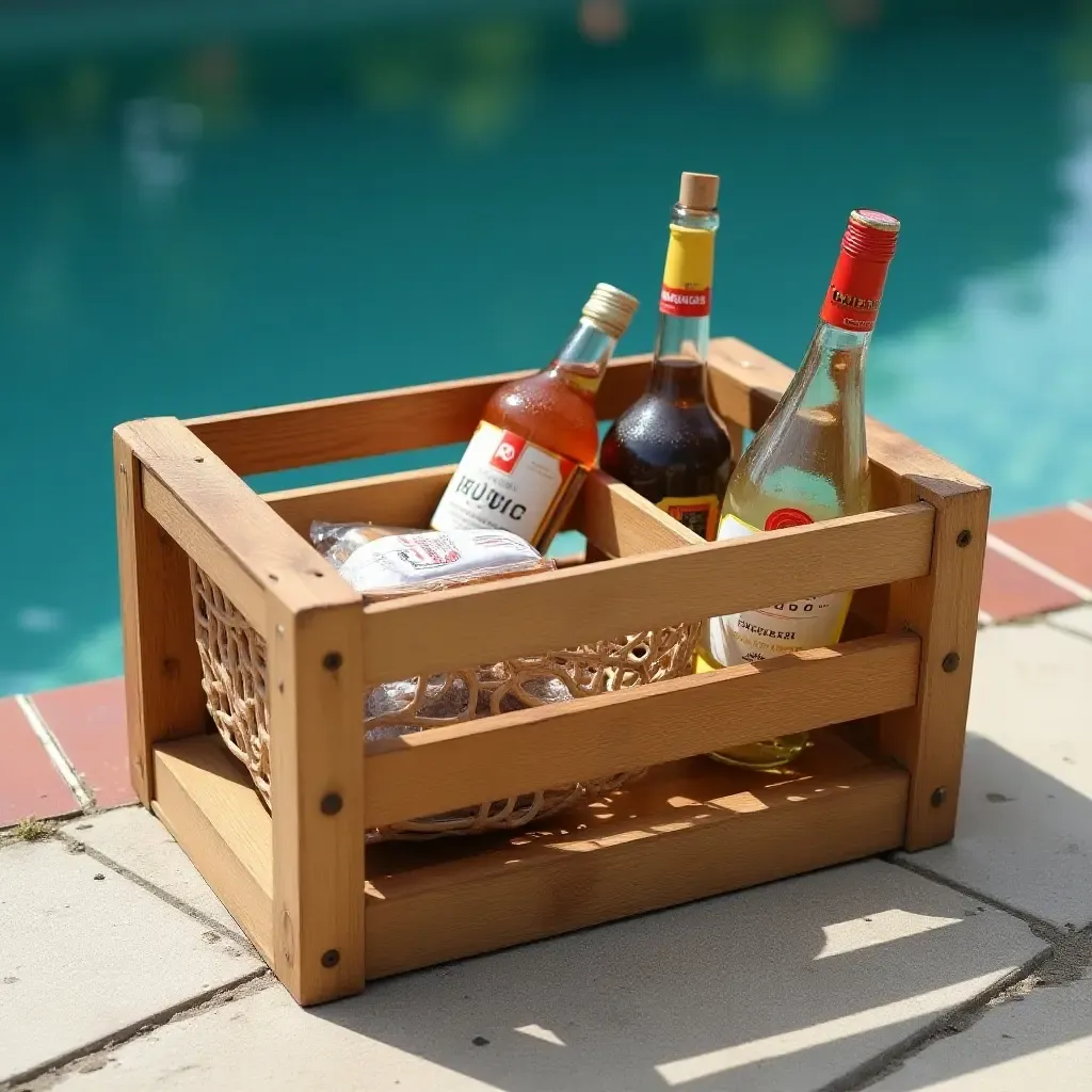 a photo of a rustic wooden crate used for poolside organization