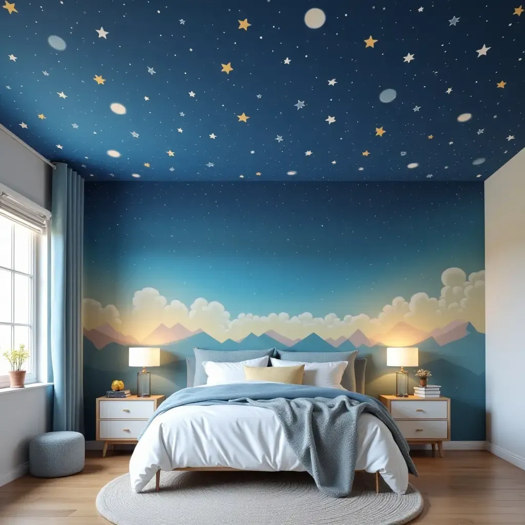 a photo of a starry night ceiling mural for kids