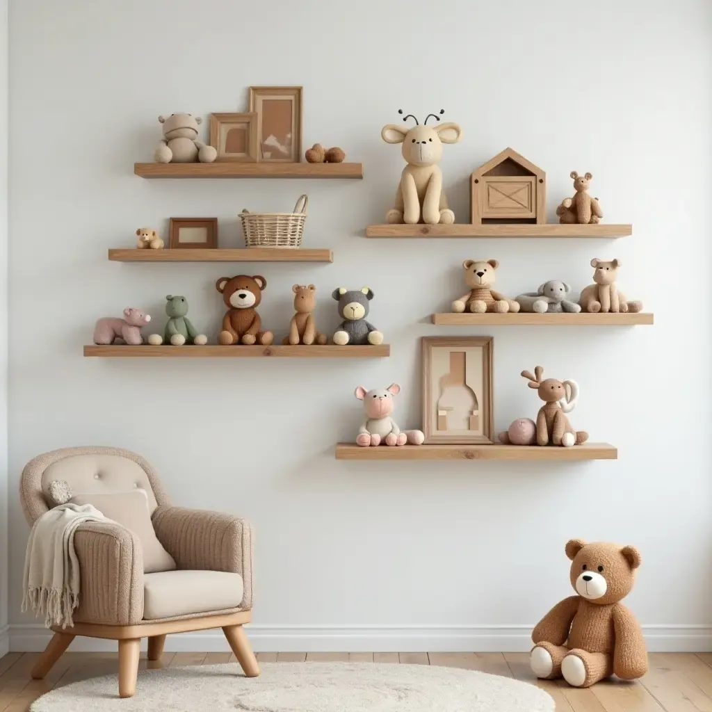 a photo of rustic wooden shelves filled with toys in a nursery