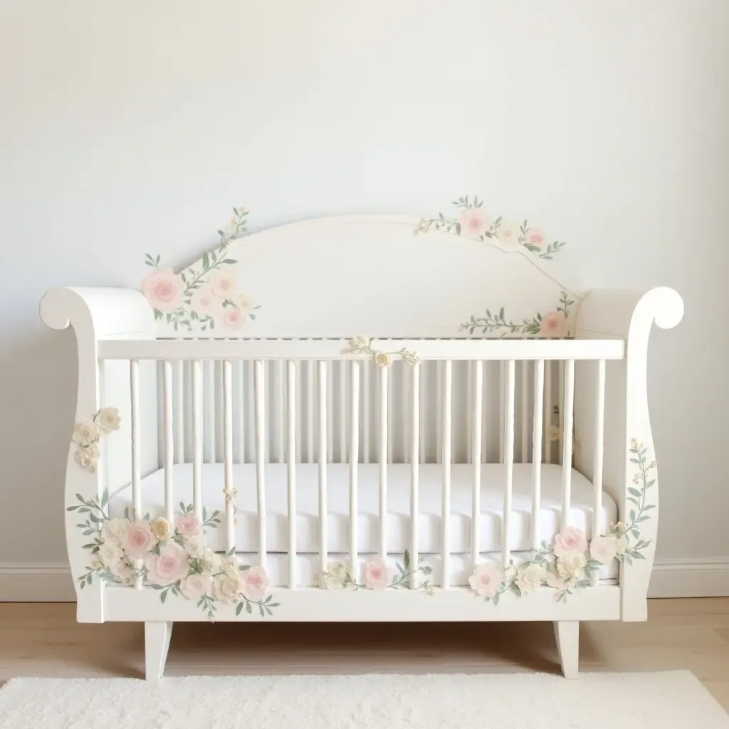 a photo of a nursery showcasing a hand-painted crib with floral motifs