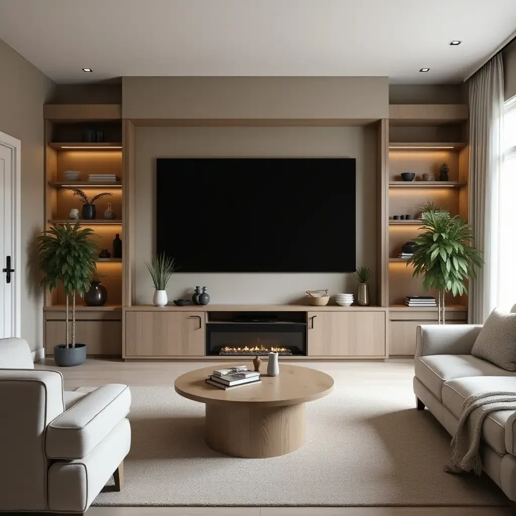 a photo of a family-oriented living room with a large entertainment center