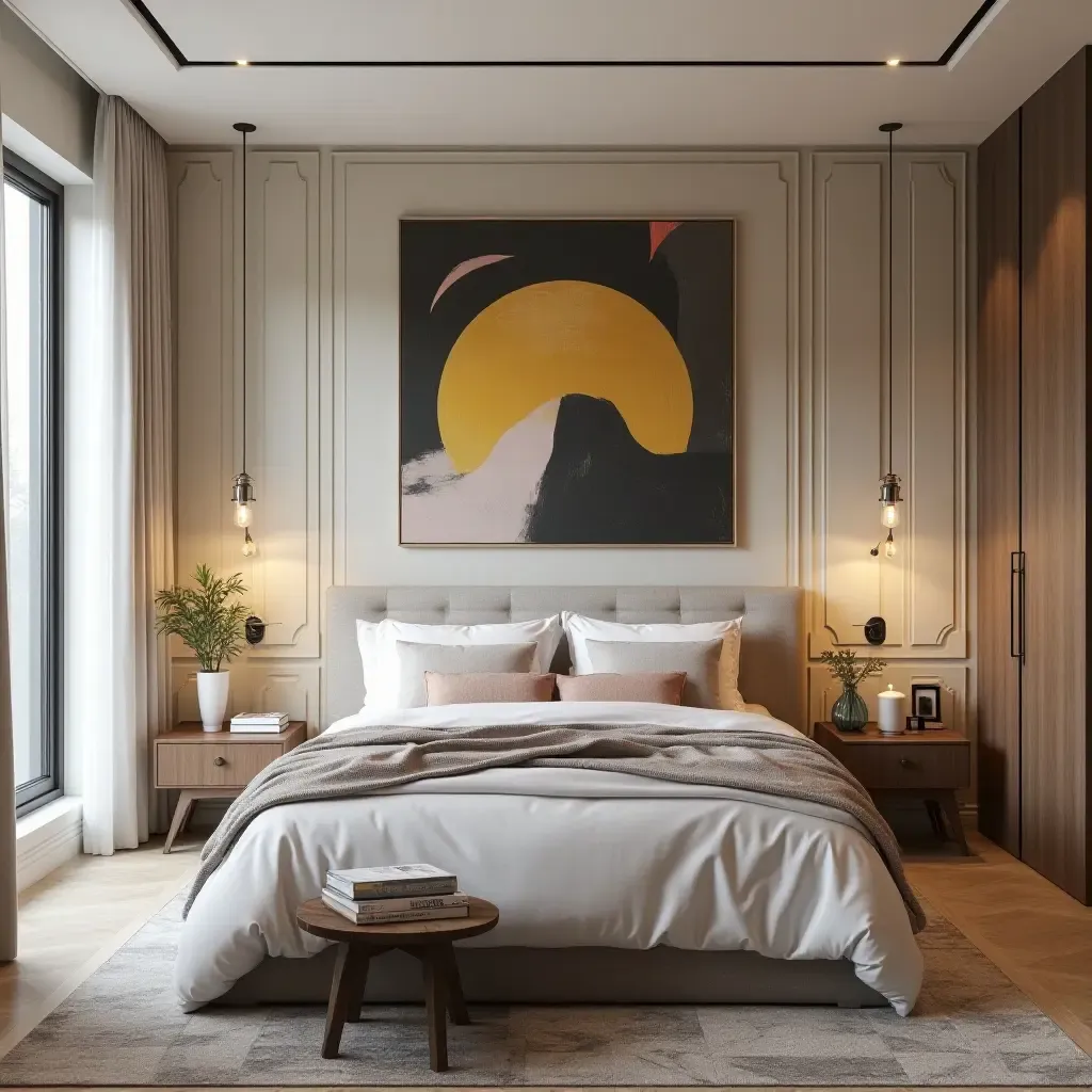 a photo of a contemporary bedroom with geometric patterns and bold artwork