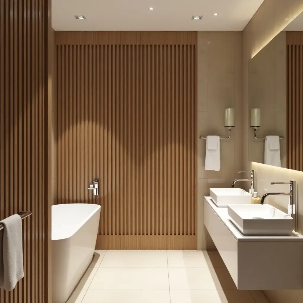 a photo of a wooden folding screen for privacy in a stylish bathroom