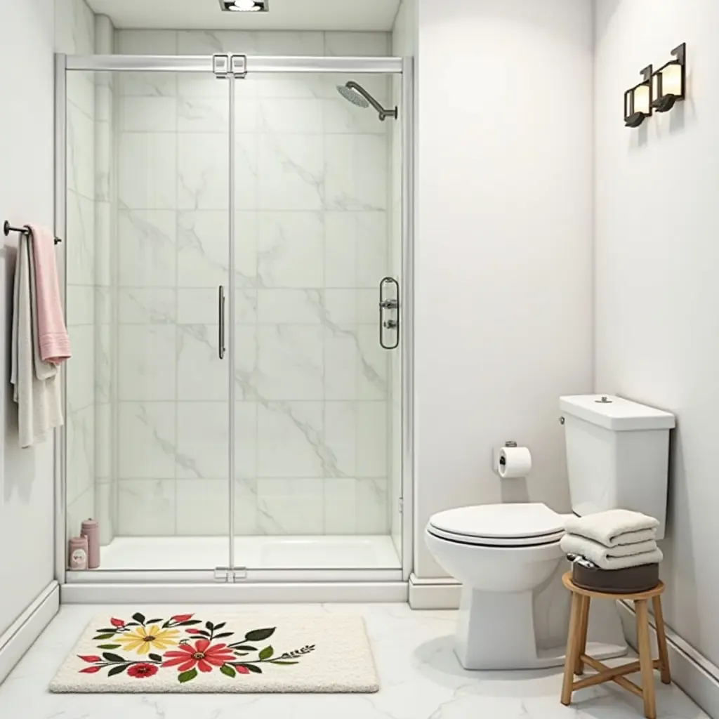 a photo of a charming bathroom with a floral shower mat