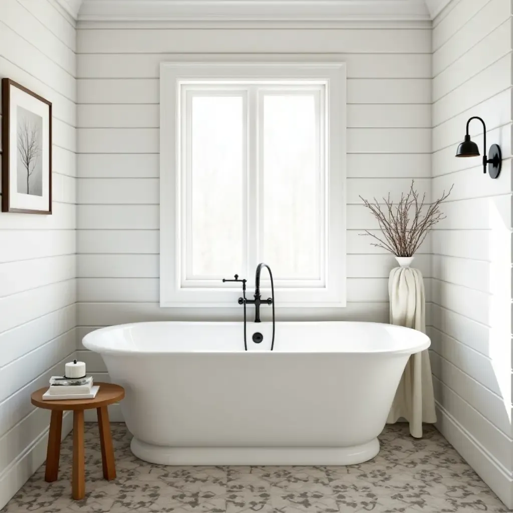 a photo of a farmhouse bathroom featuring shiplap walls and rustic tile flooring