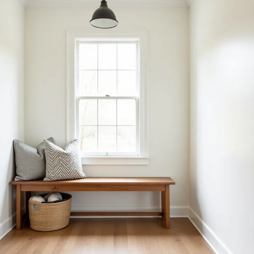 a photo of a cozy farmhouse entryway with a wooden bench and throw pillows