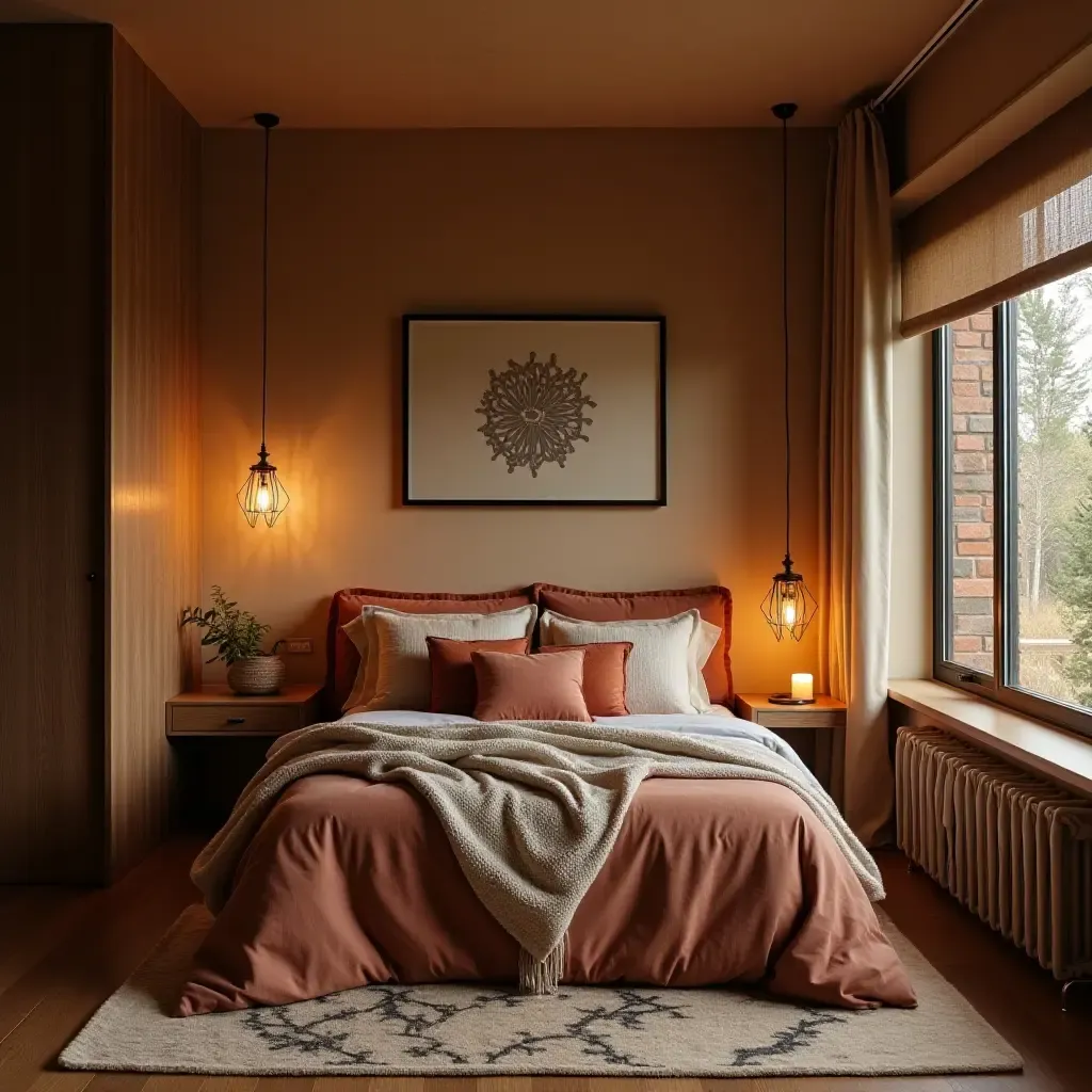 a photo of a compact bedroom showcasing a chic bohemian vibe with earthy tones