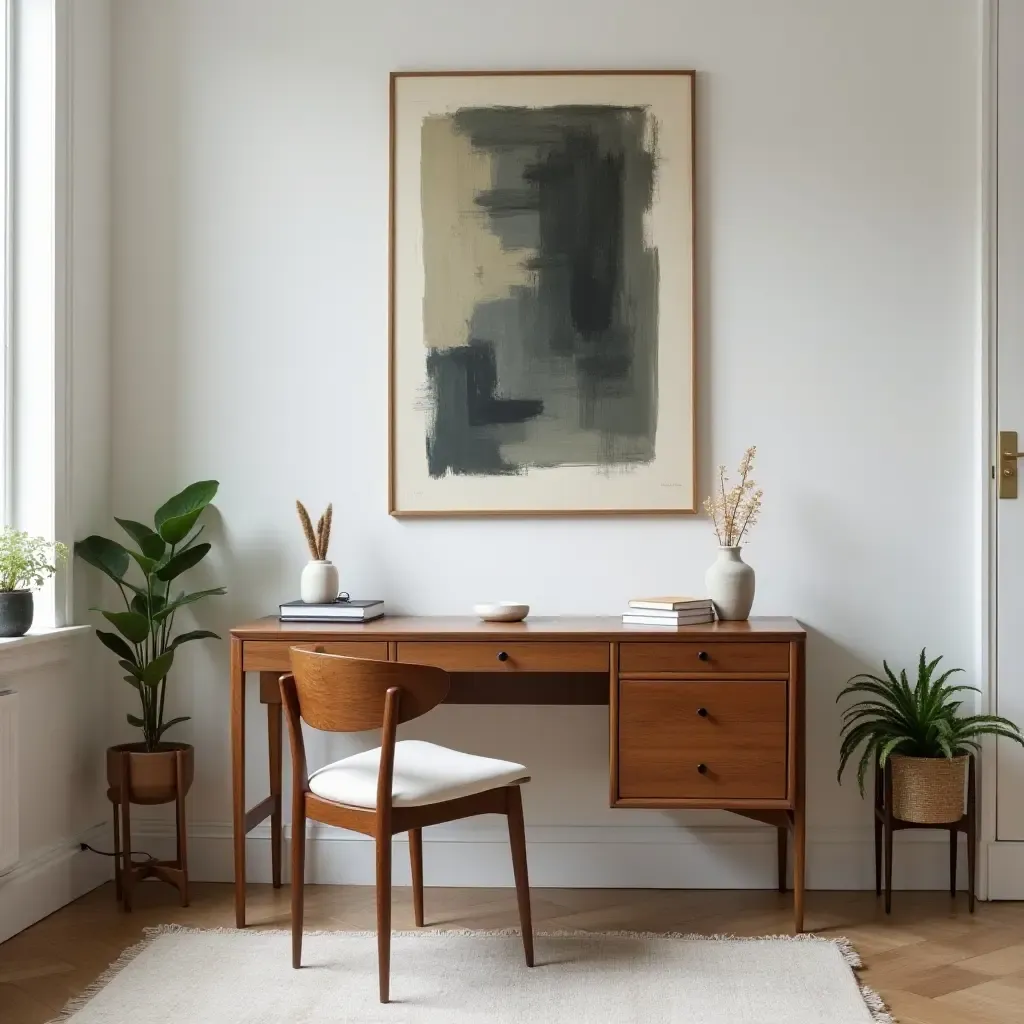 a photo of a modern space showcasing a vintage writing desk and contemporary art