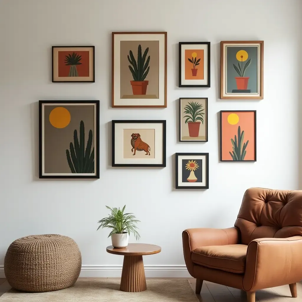 a photo of a gallery wall with a retro theme using 70s style art