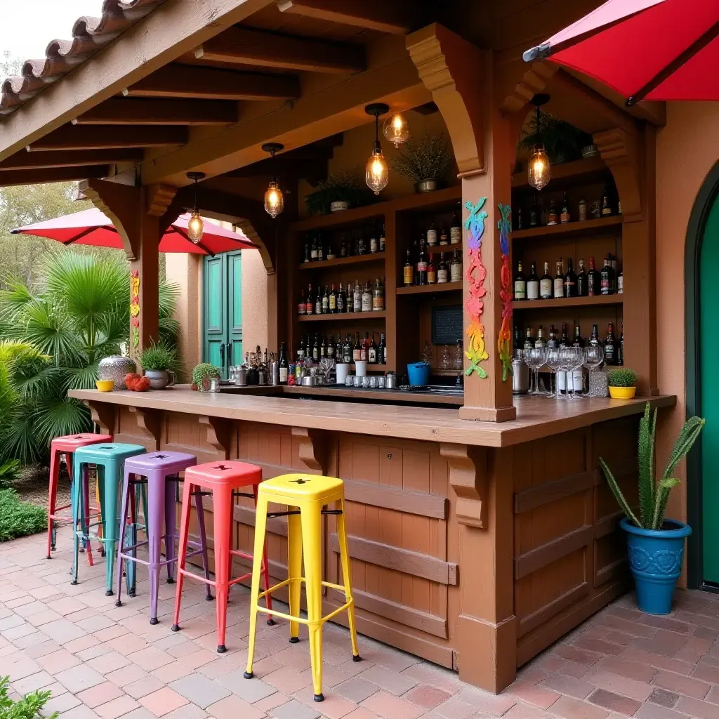 a photo of an inviting outdoor bar area with colorful stools and Mexican-themed decor