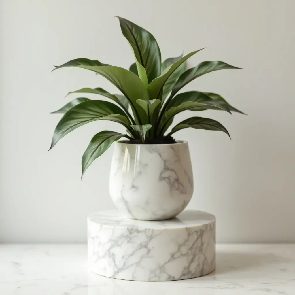 a photo of a chic marble pedestal displaying a potted plant