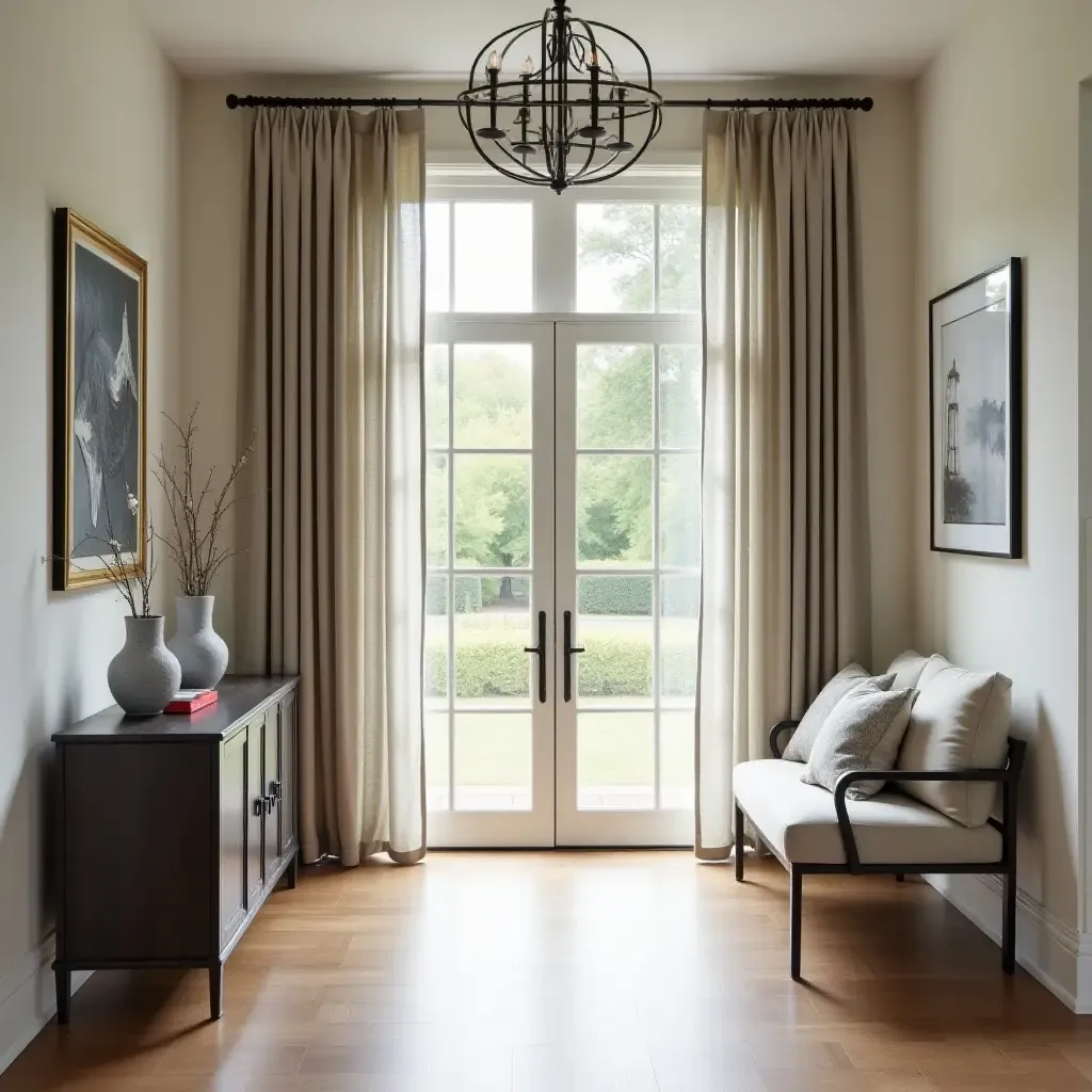 a photo of an inviting entrance hall with fabric curtains, wooden flooring, and metal accents