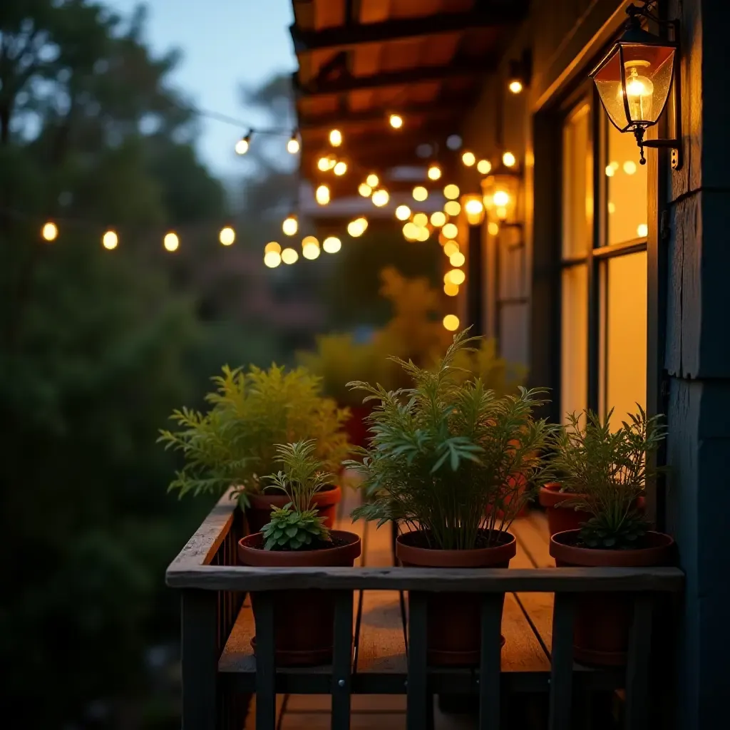 a photo of a balcony decorated with fairy lights and potted herbs