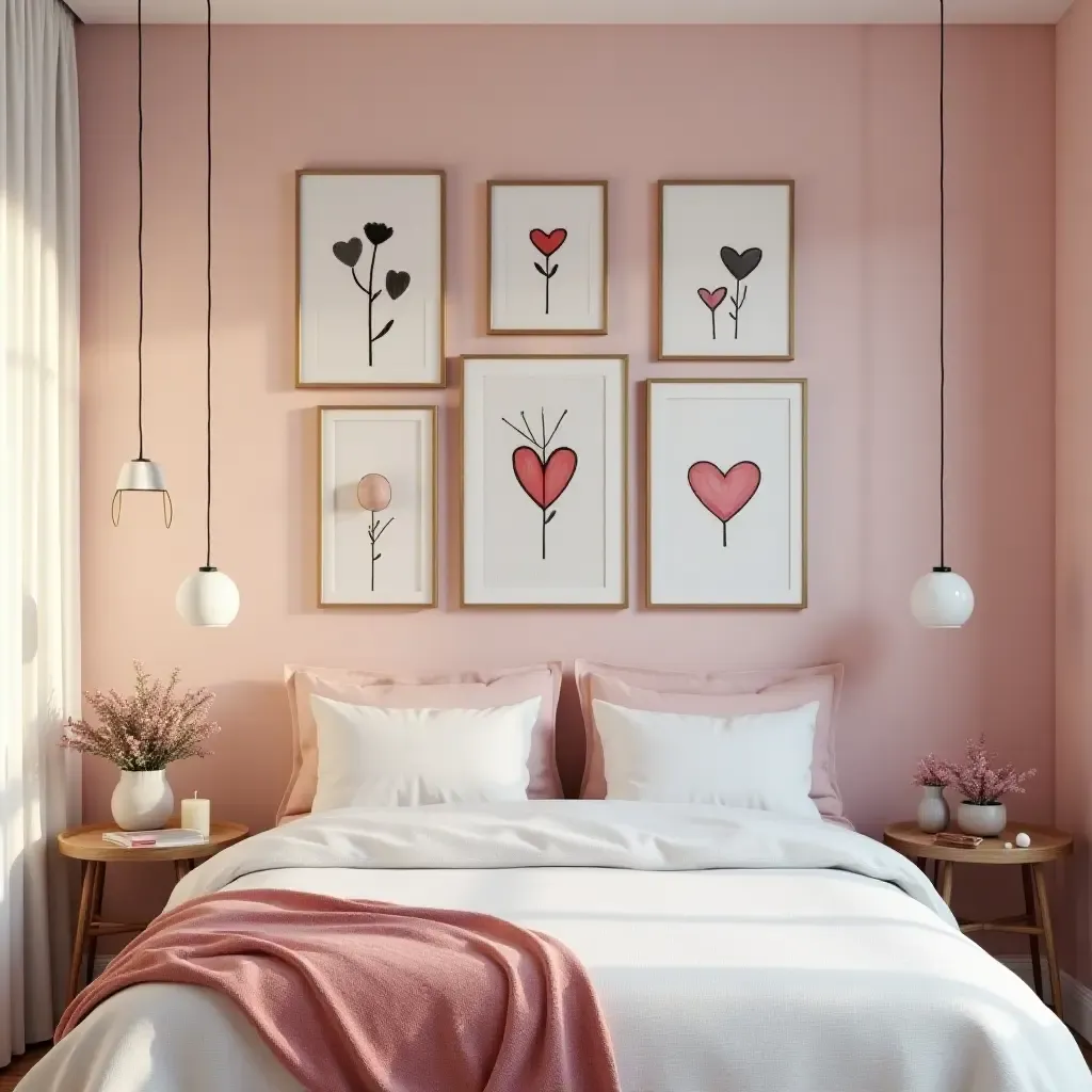 a photo of a romantic bedroom featuring a gallery wall of love-themed artwork