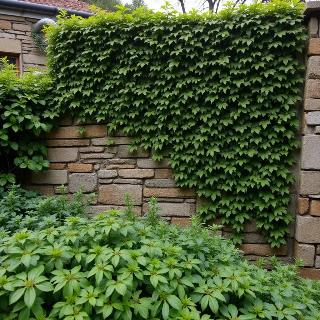 a photo of a rustic stone garden wall with creeping plants