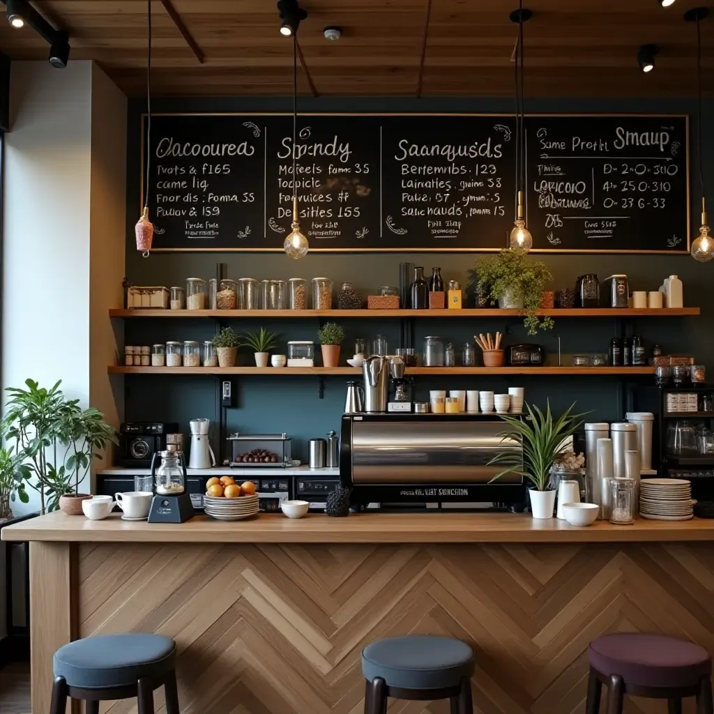 a photo of a coffee station with a chalkboard wall for daily specials