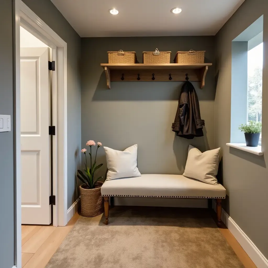 a photo of a basement entryway with a vintage coat rack and bench