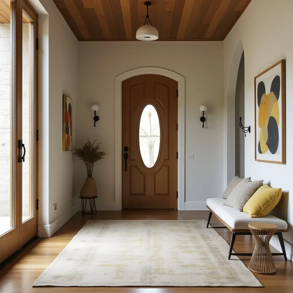 a photo of a family-friendly entrance hall blending playful fabric, durable wood, and robust metal