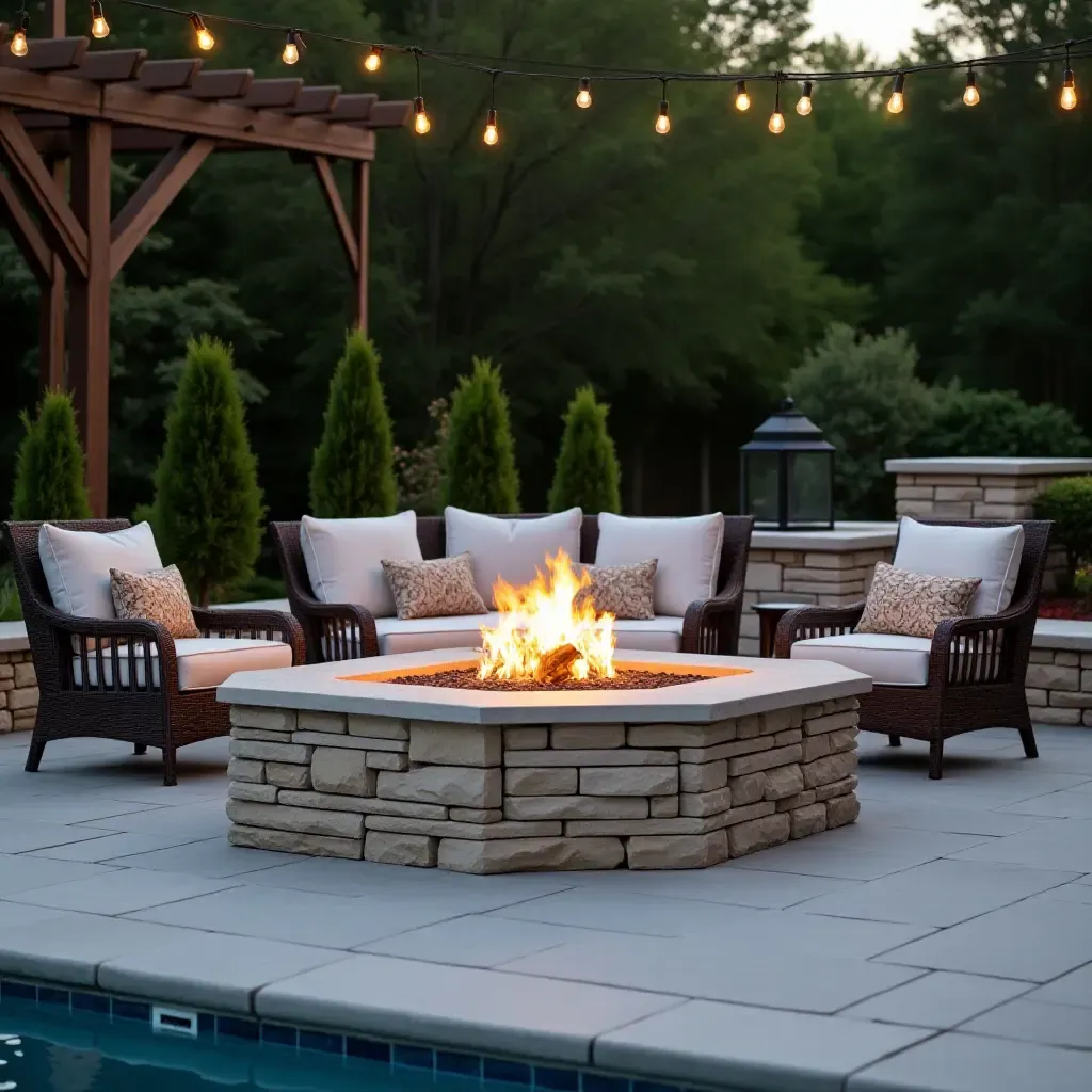 a photo of a stone fire pit surrounded by poolside seating