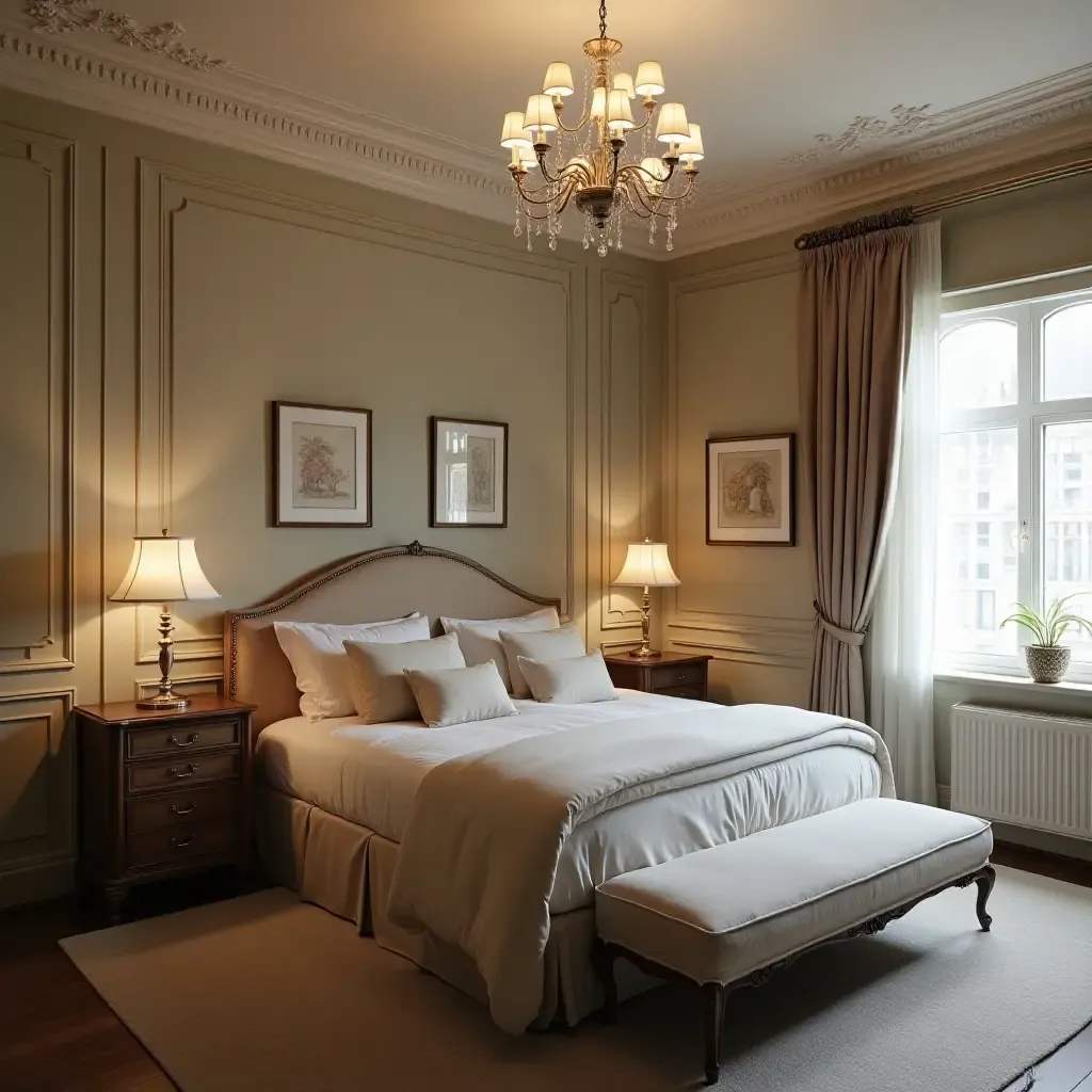 a photo of an elegant bedroom with a chandelier and classic furnishings