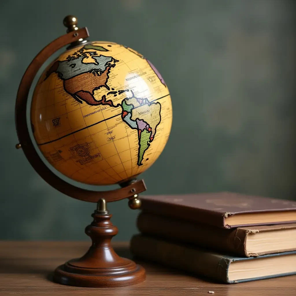 a photo of a vintage globe on a wooden stand next to a stack of books