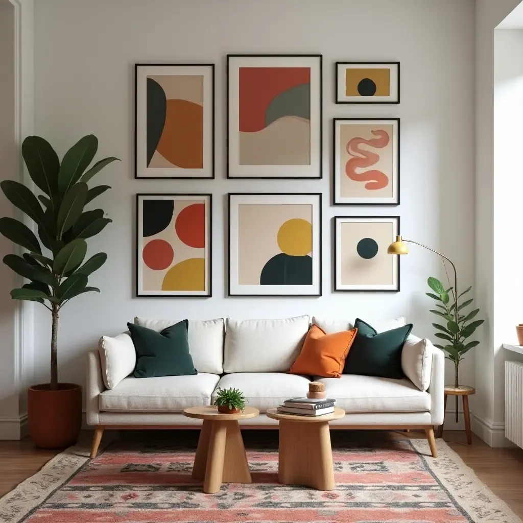 a photo of a colorful gallery wall in a bohemian-inspired living room