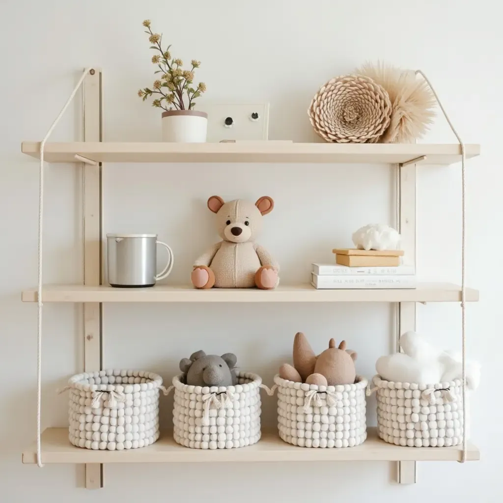 a photo of a chic nursery shelving arrangement with stylish bins and decorative elements