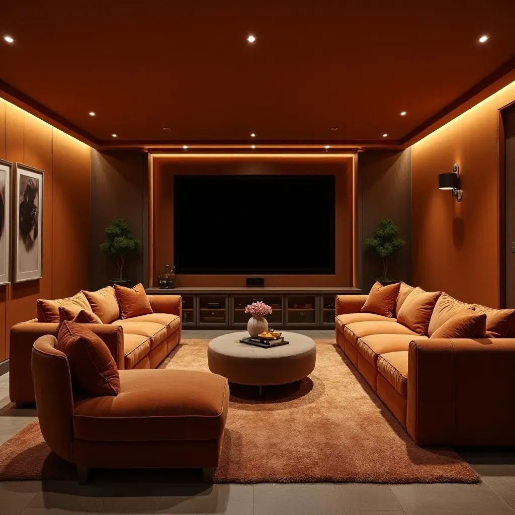 a photo of a cozy basement entertainment area with plush sofas and warm lighting